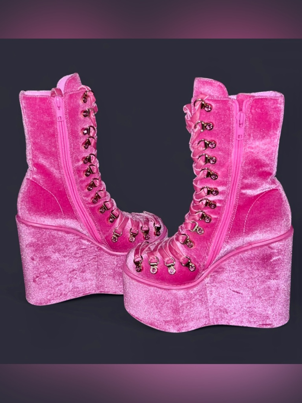 BNWOT! 1 of a KIND SAMPLE  Hot Pink Velvet Lace-Up Platform Boots w rhinestones